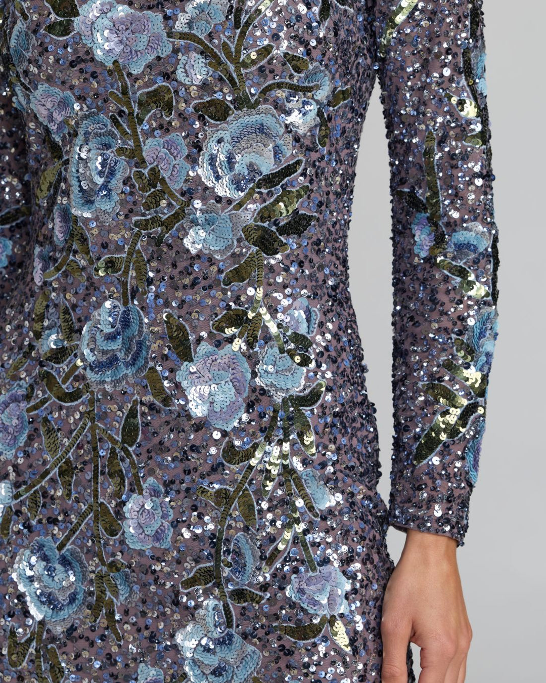 Mac Duggal 23103 Blue Floral Sequin Long Sleeve Gown