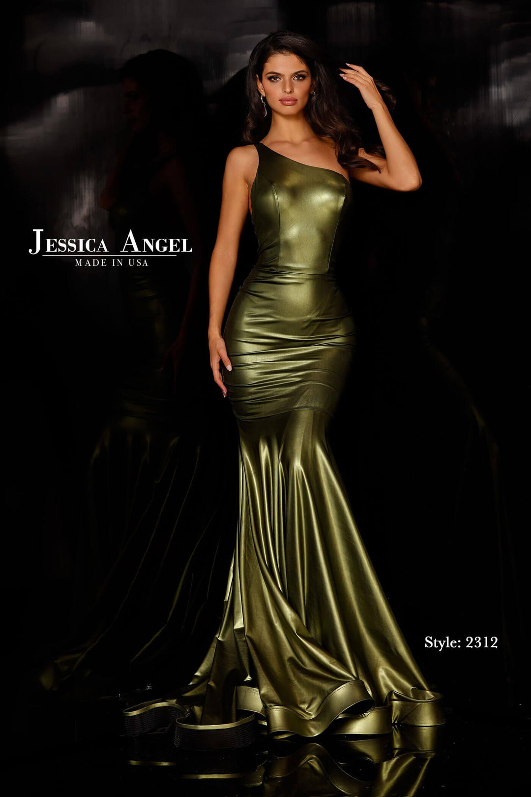 Jessica Angel 2312 one shoulder metallic mermaid gown front view