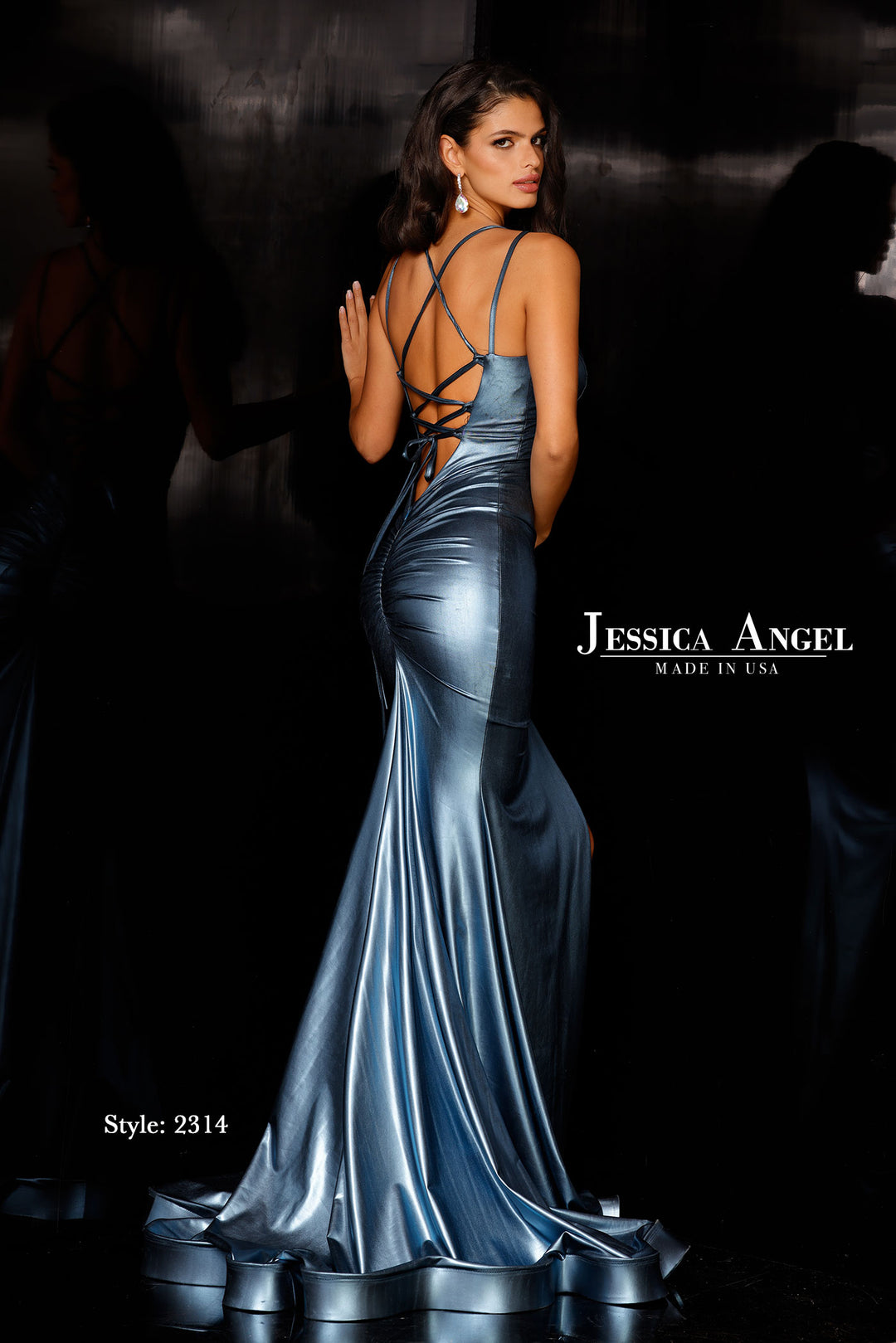 Jessica Angel 2314 metallic jersey mermaid gown back view
