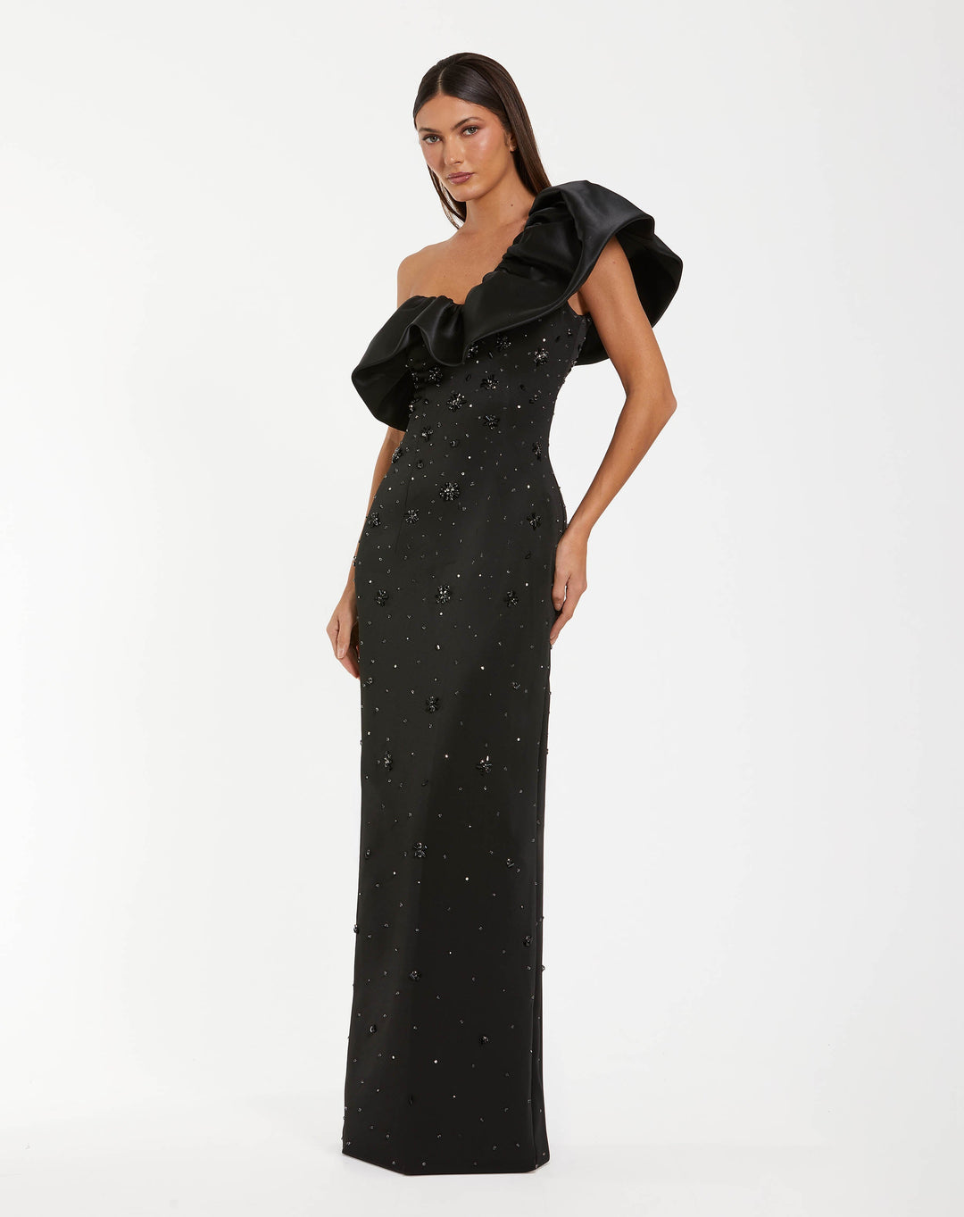 Mac Duggal 2315 Black Beaded Crepe One Shoulder Gown With Satin Ruffle