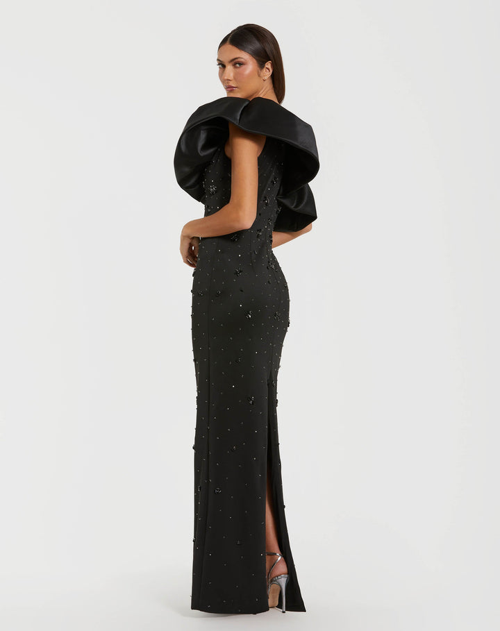 Mac Duggal 2315 Black Beaded Crepe One Shoulder Gown With Satin Ruffle
