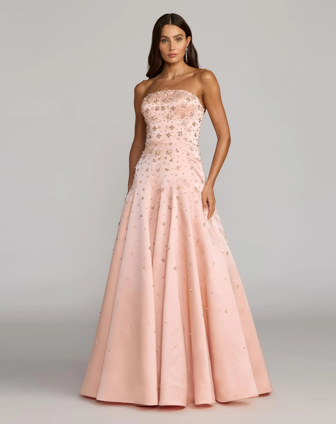 Pink Strapless Embellished Satin Ball Gown With Pockets - FOSTANI.com