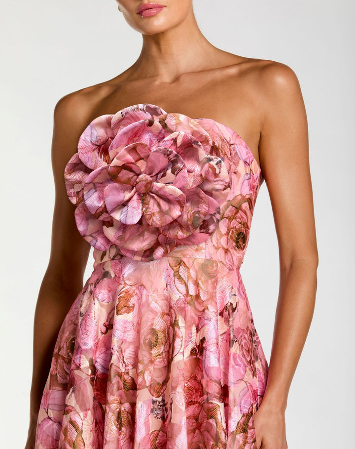 Mac Duggal 2360 Strapless Floral Printed A-Line Gown With 3D Flower