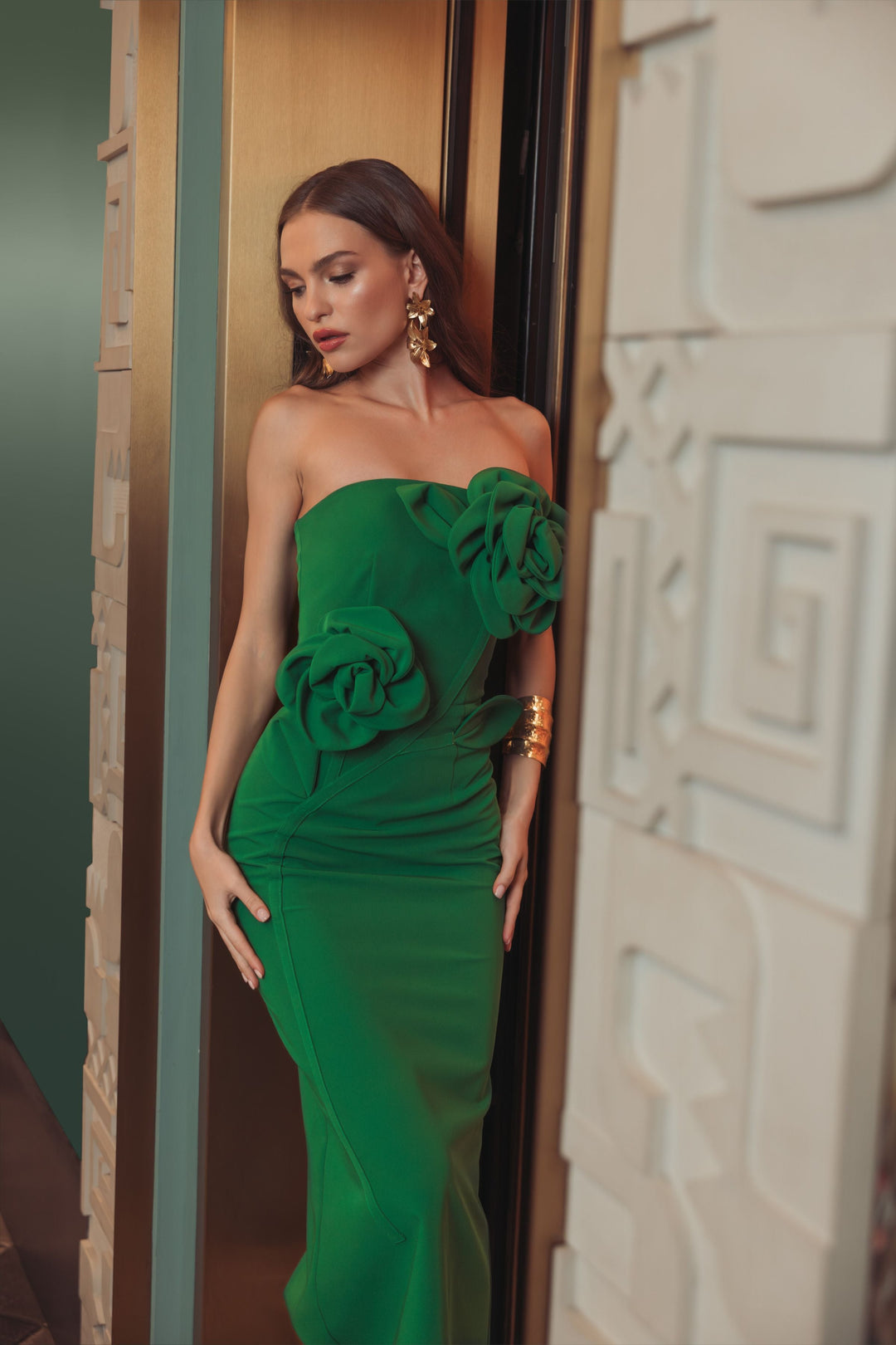 Green Strapless Crepe Dress With 3D Flower Detail - FOSTANI.com