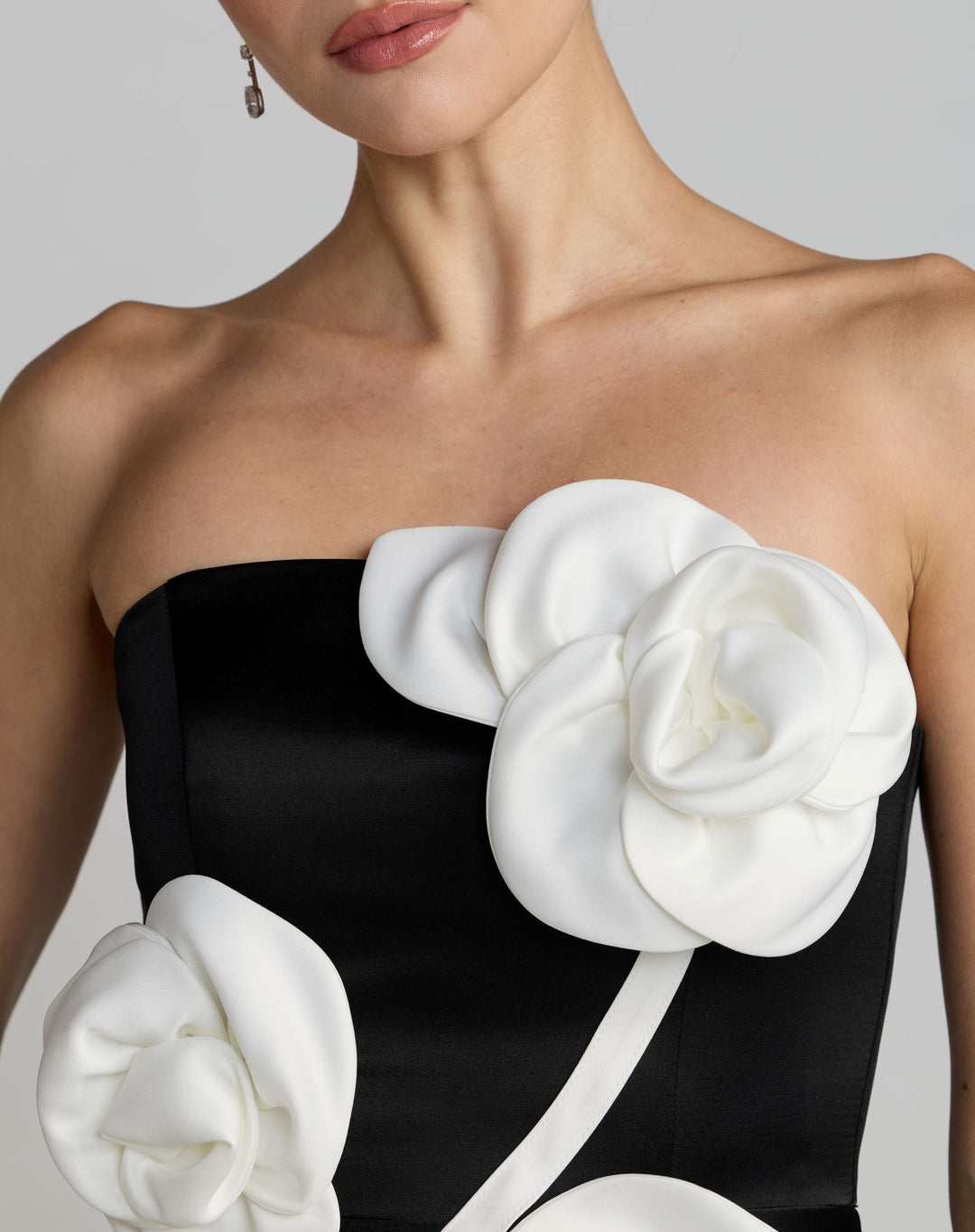 Mac Duggal 2362 Black Strapless Satin A-Line Dress With 3D Flowers
