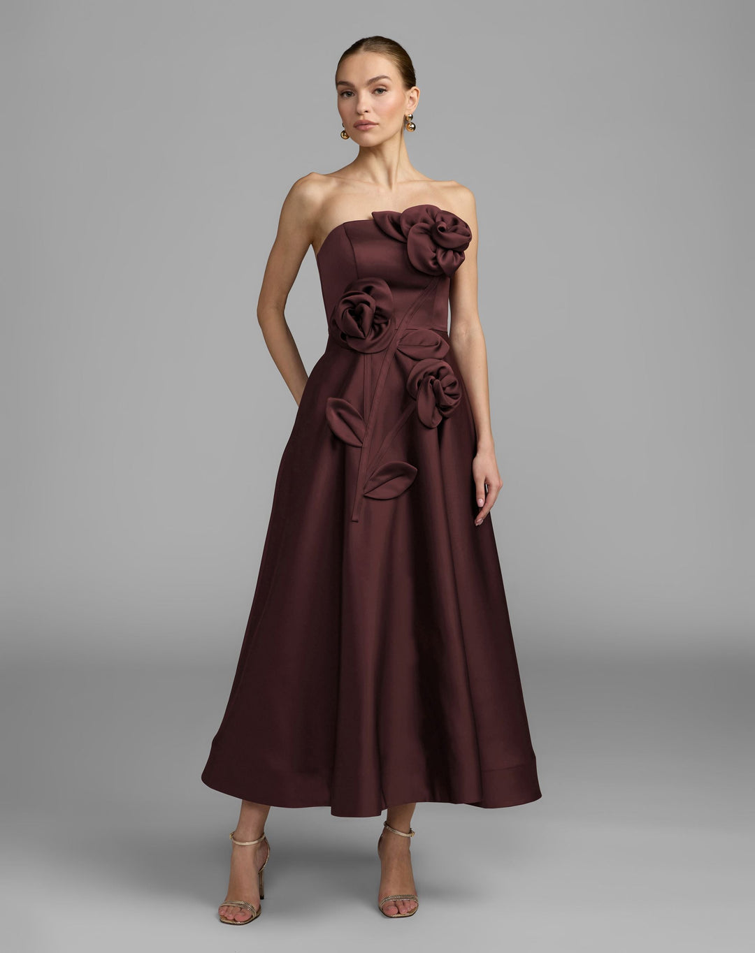 Mac Duggal 2362 Strapless Satin A-Line Dress With 3D Flowers