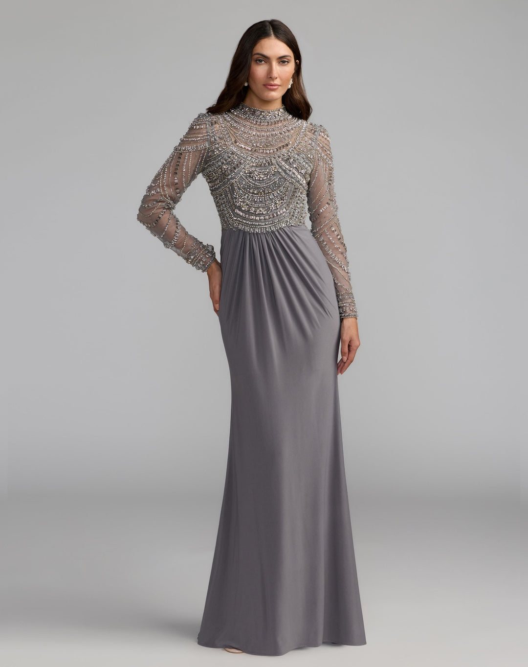 Mac Duggal 2377 Beaded Jersey Mock Neck Long Sleeve Gown