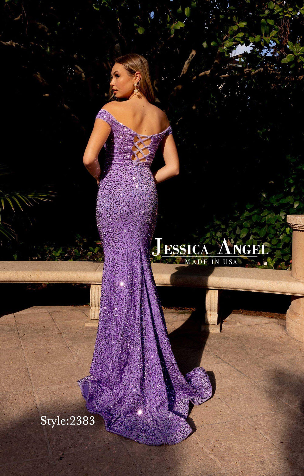 Jessica Angel 2383 off shoulder sequin mermaid gown back view