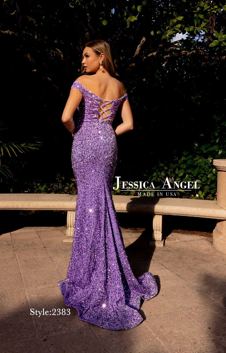 Jessica Angel 2383 off shoulder sequin mermaid gown back view