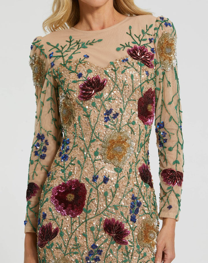 Mac Duggal 24006 Floral Beaded Long Sleeve Mini Dress