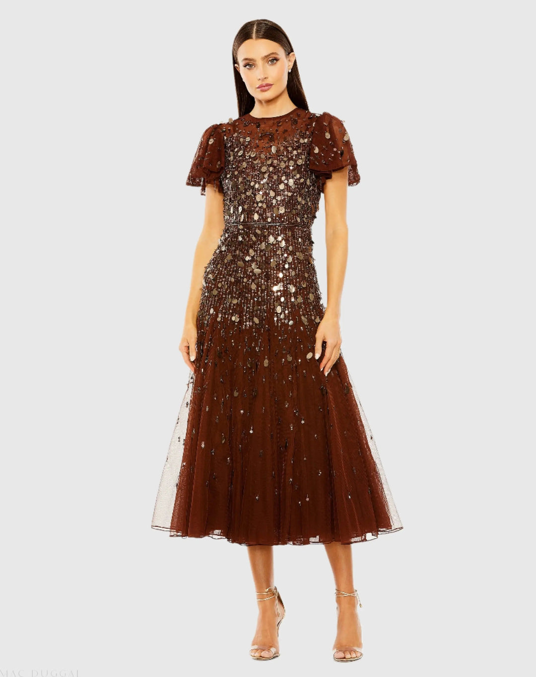 Mac Duggal 24018 Brown High Neck Flutter Sleeve Embellished Midi Dress