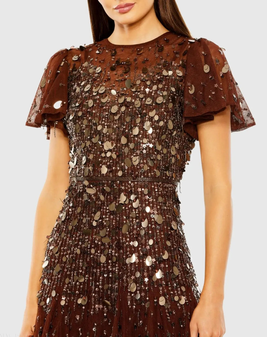 Mac Duggal 24018 Brown High Neck Flutter Sleeve Embellished Midi Dress