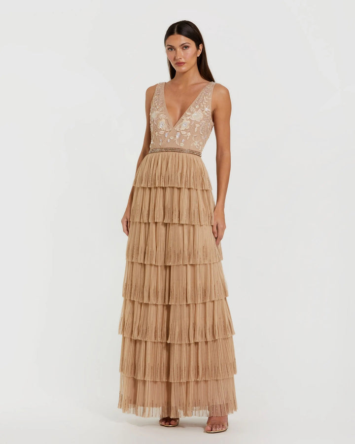 Mac Duggal 24061 Beige Beaded Mesh V Neck Gown With Tiered Ruffles