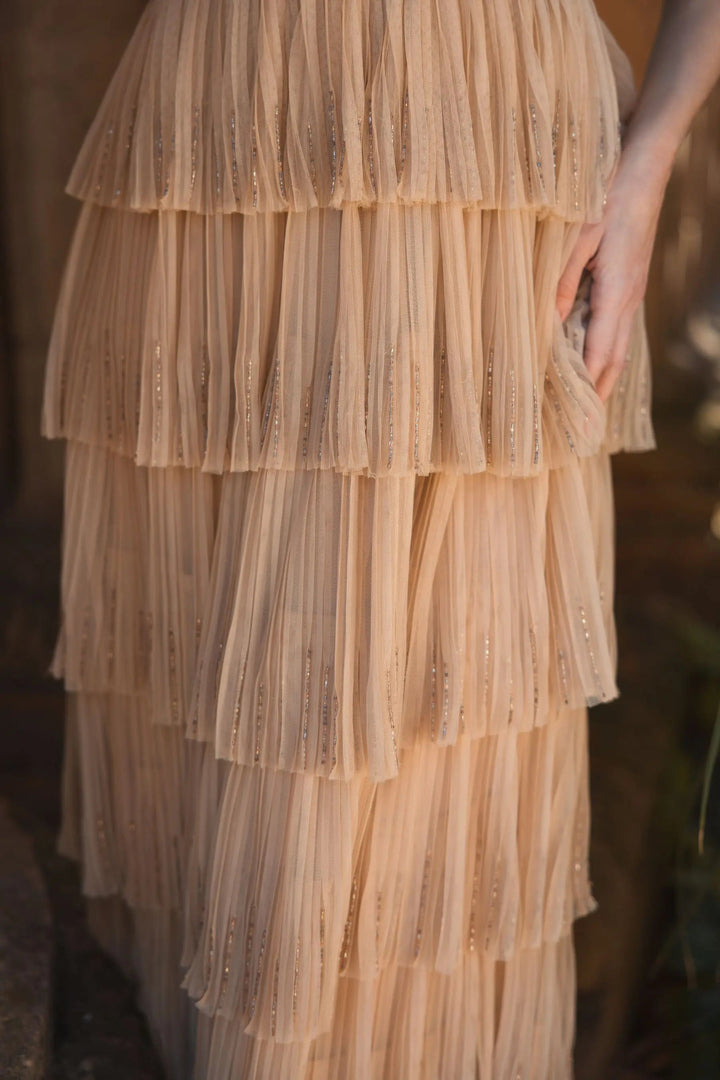 Mac Duggal 24061 Beige Beaded Mesh V Neck Gown With Tiered Ruffles
