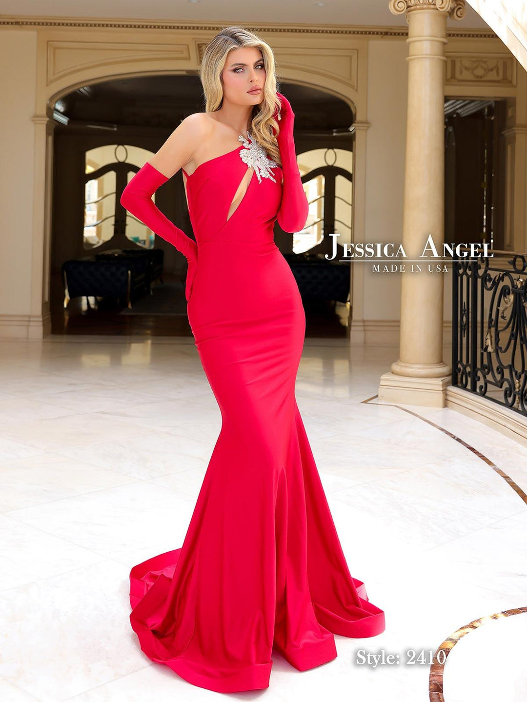 Jessica Angel 2410 one shoulder jersey mermaid gown front view