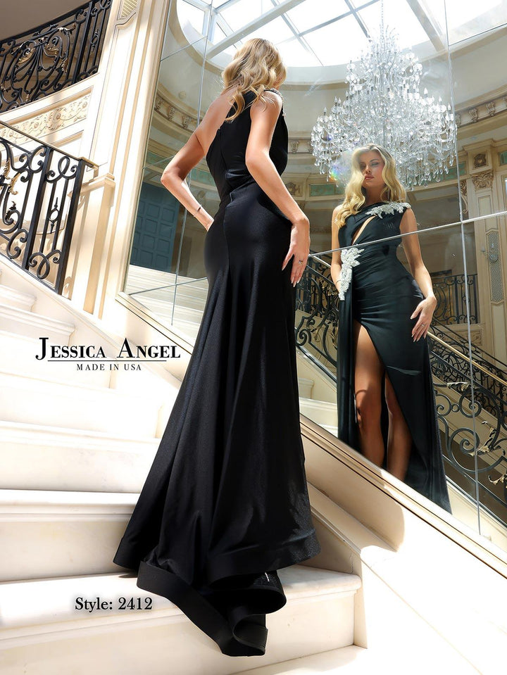 Jessica Angel 2412 one shoulder crystal jersey gown back view
