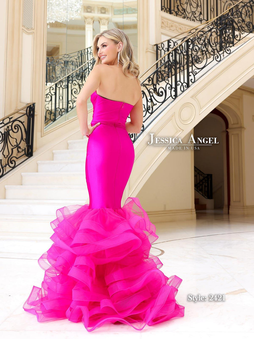 Jessica Angel 2421 strapless ruffle mermaid gown back view
