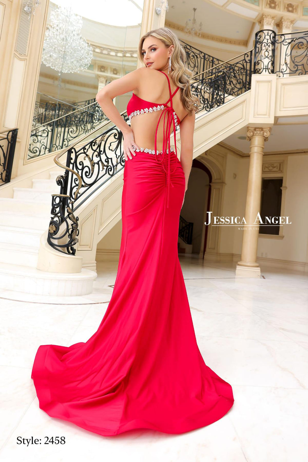 Jessica Angel 2458 crystal cutout jersey mermaid gown back view