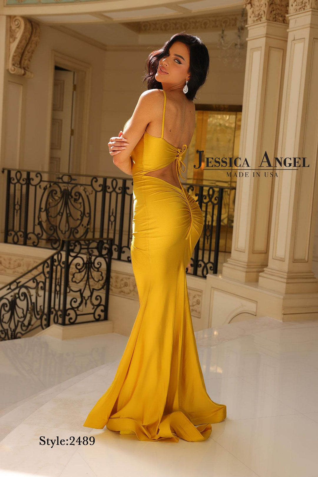Jessica Angel 2489 v-neck jersey mermaid gown with slit back view