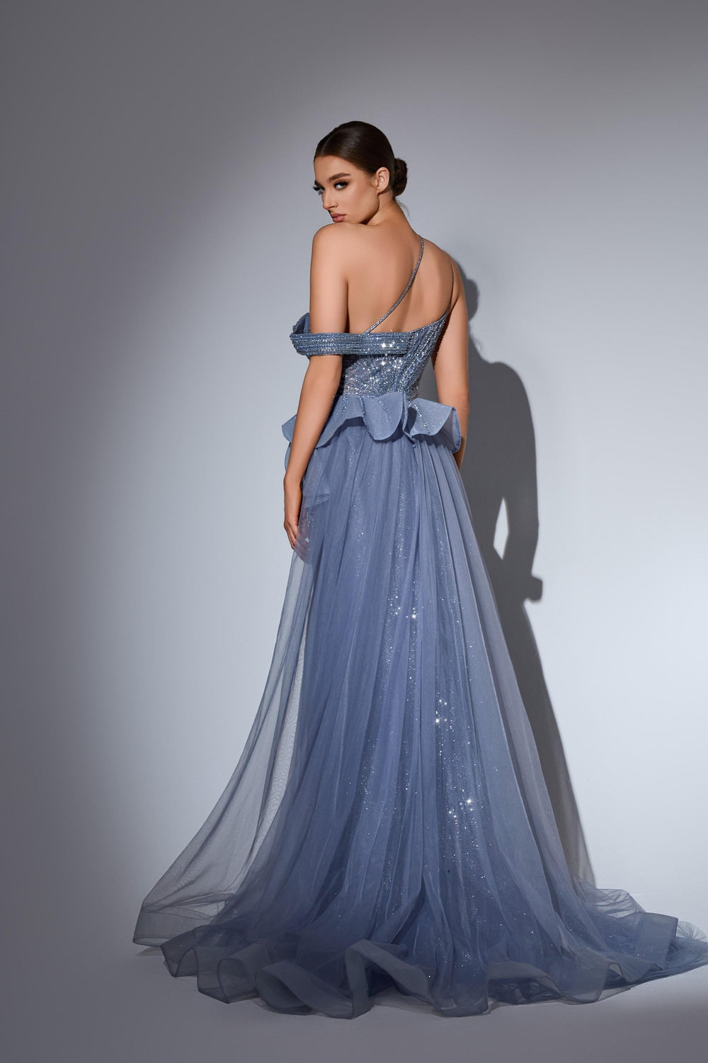 Delilah HM202 Asymmetric Plunging Beaded Mermaid Gown with Ruffled Overskirt and Slit - P.Blue back view