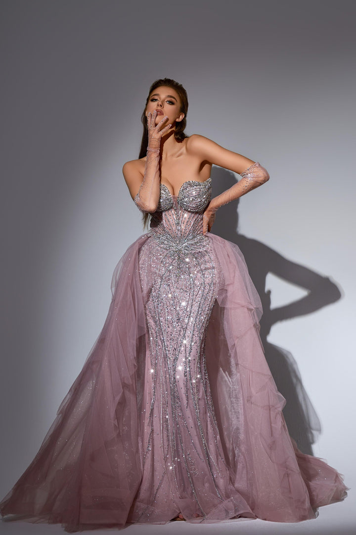 Delilah LD11481 Strapless Sweetheart Beaded Corset Sheath Gown with Ruffled Sparkle Overskirt - Pink front view