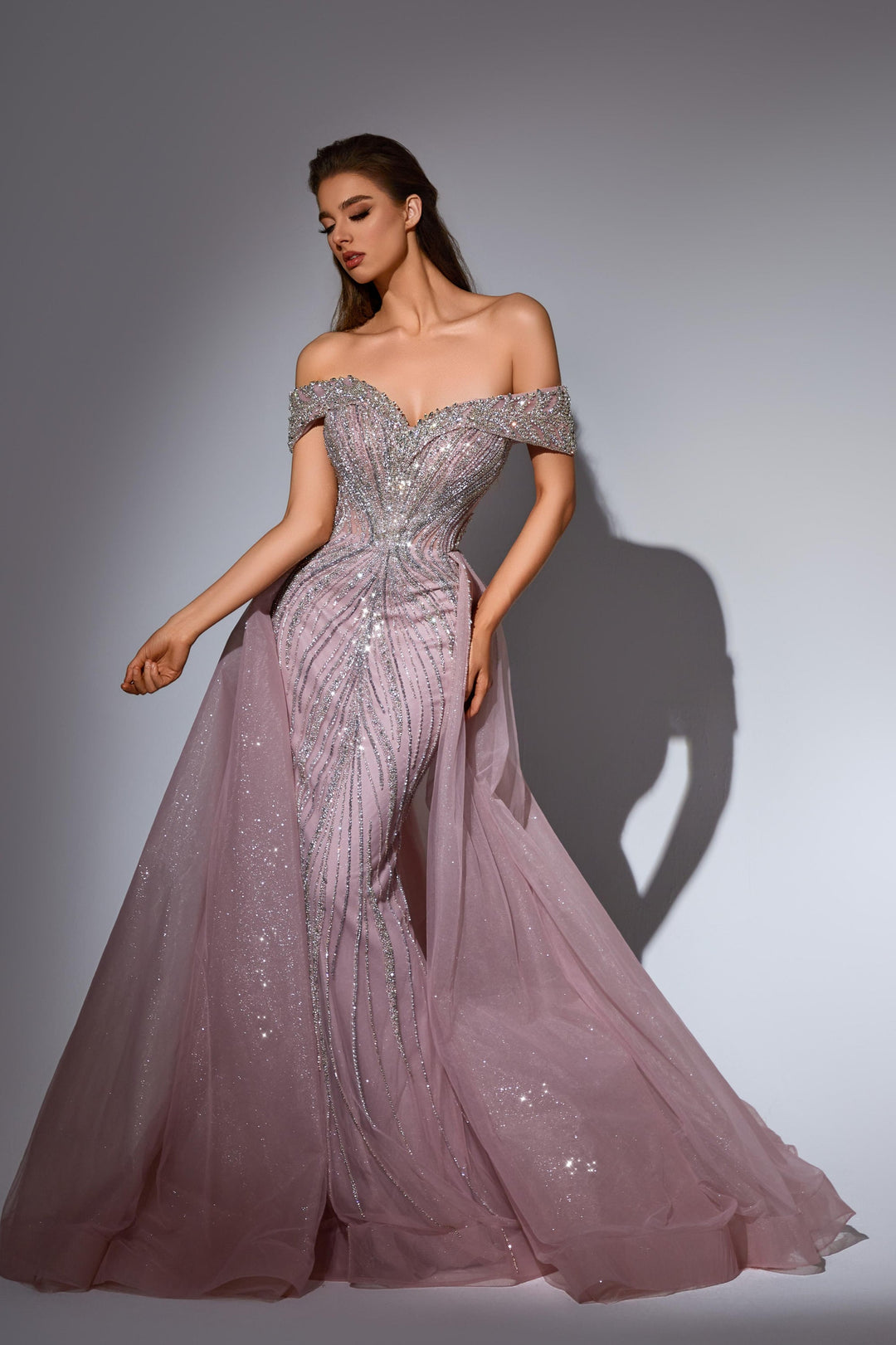 Delilah LD11416 Off-the-Shoulder Beaded Corset Mermaid Gown with Sparkle Overskirt - Pink front view