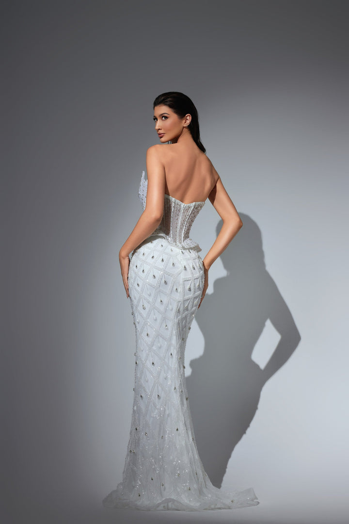 Delilah LD23012 Strapless Crystal Cup Corset Sheath Gown with Peplum and Teardrop Crystals - White back view