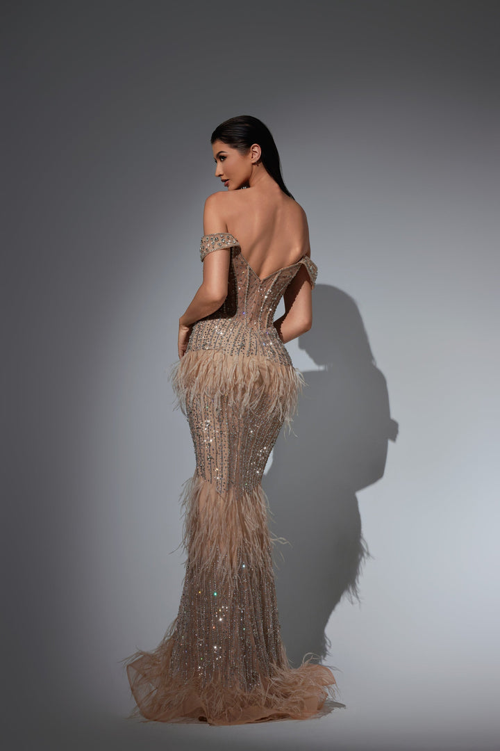 Delilah LD21098 Off-the-Shoulder Crystal Corset Sheath Gown with Feather Hip and Hem - Khaki back view