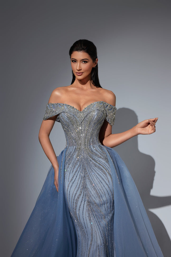 Delilah LD11416 Off-the-Shoulder Beaded Corset Mermaid Gown with Sparkle Overskirt - G.Blue close-up view