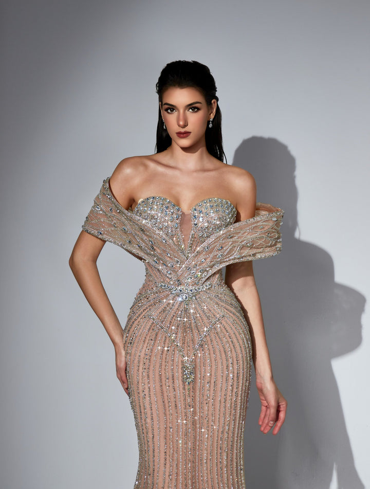 Delilah LD11591 Off-the-Shoulder Folded Band Sweetheart Beaded Corset Mermaid Gown - Champagne close-up view