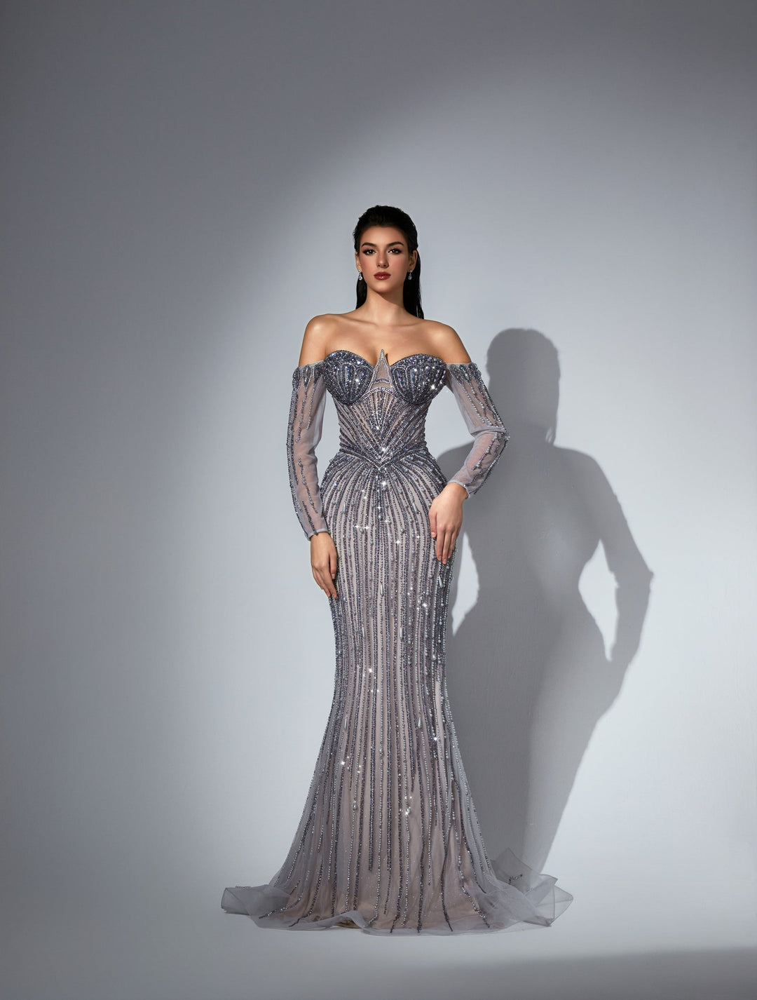 Delilah LD11539 Off-the-Shoulder Long Sleeve Beaded Corset Sheath Gown with Sparkle Overskirt - Purple front view