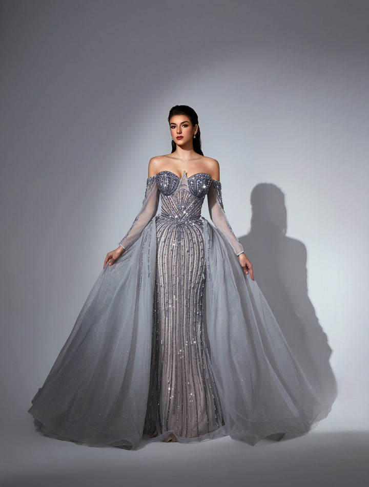 Delilah LD11539 Off-the-Shoulder Long Sleeve Beaded Corset Sheath Gown with Sparkle Overskirt - Purple front view