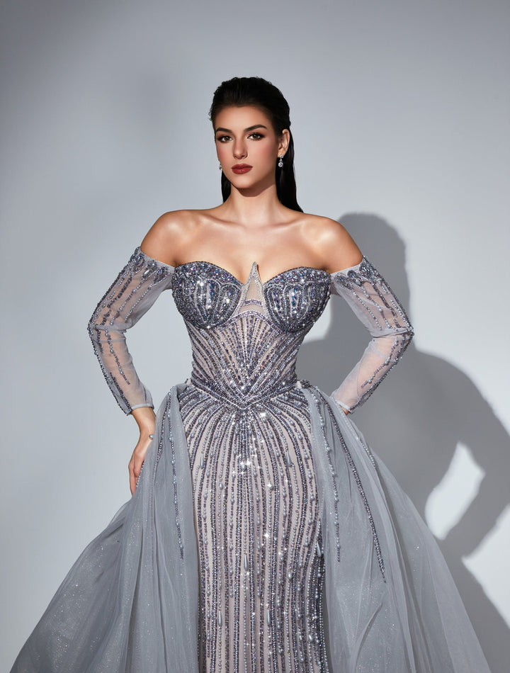 Delilah LD11539 Off-the-Shoulder Long Sleeve Beaded Corset Sheath Gown with Sparkle Overskirt - Purple close-up view