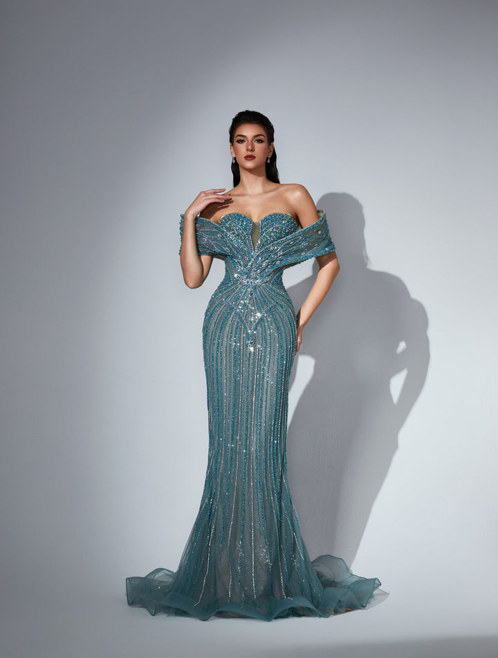 Delilah LD11591 Off-the-Shoulder Folded Band Sweetheart Beaded Corset Mermaid Gown - Green front view