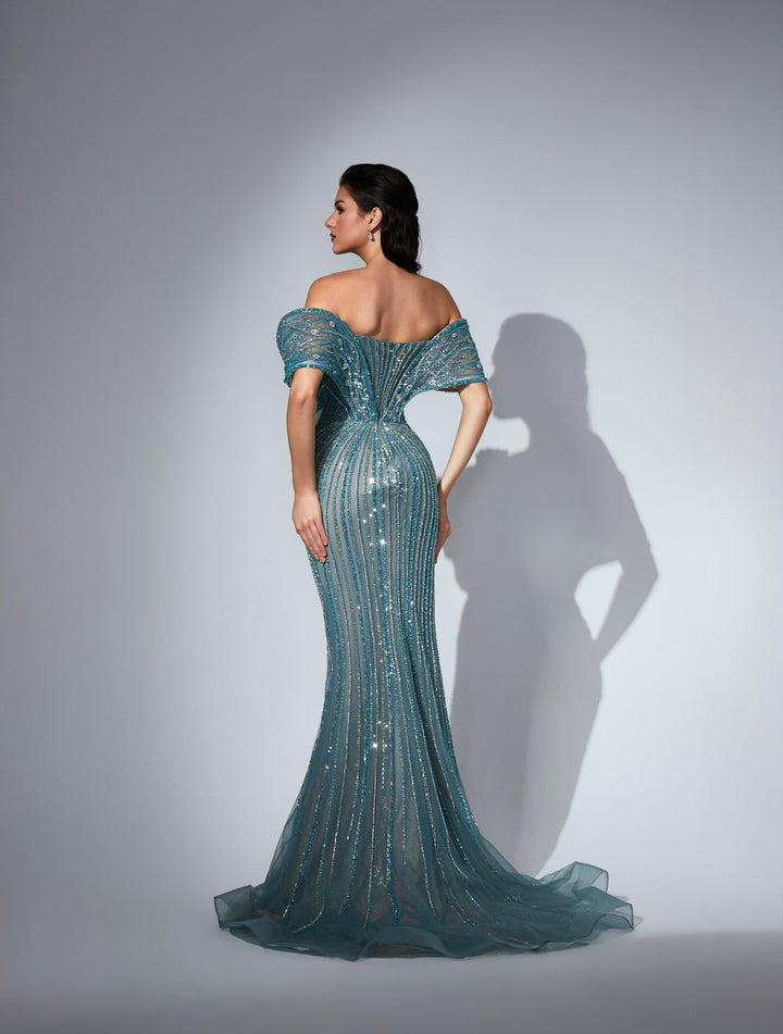 Delilah LD11591 Off-the-Shoulder Folded Band Sweetheart Beaded Corset Mermaid Gown - Green back view