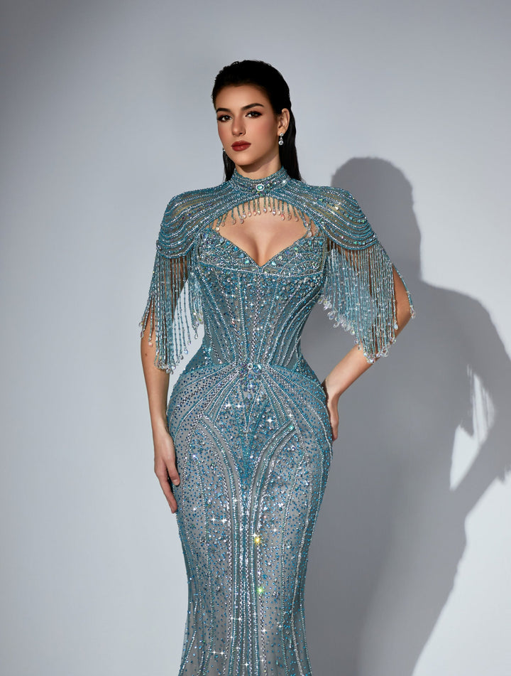 Delilah LD11596 Beaded Corset Sheath Gown with High Choker Collar and Crystal Fringe Shoulders - Green close-up view