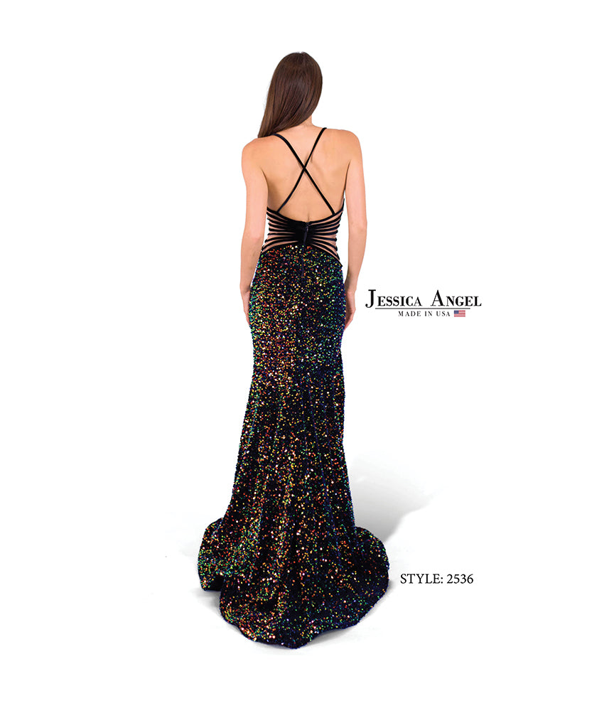Jessica Angel 2536 sequin velvet mermaid gown with slit back view