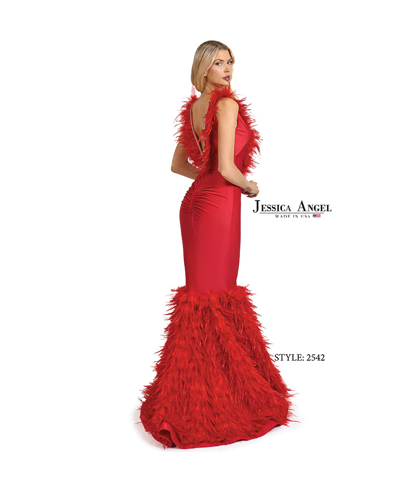 Jessica Angel 2542 plunging feather jersey mermaid gown back view