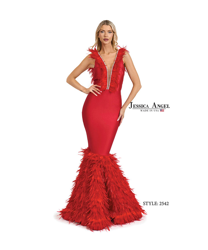 Jessica Angel 2542 plunging feather jersey mermaid gown front view
