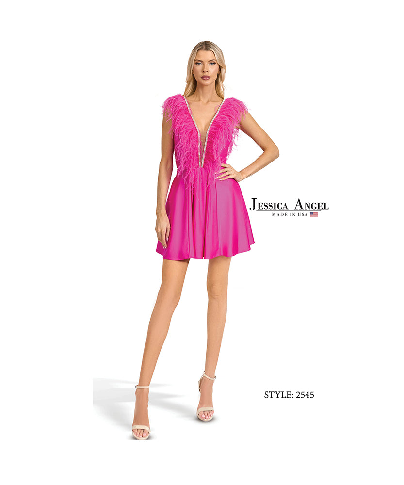 Jessica Angel 2545 feather shoulder jersey cocktail dress front view