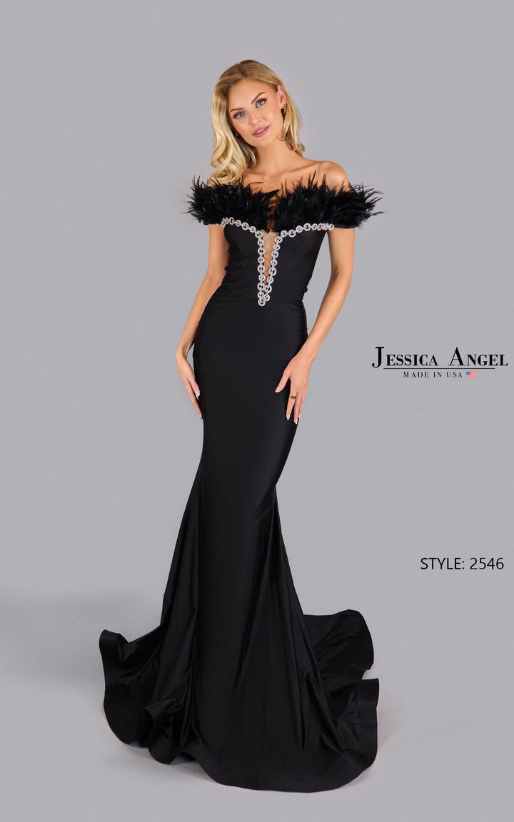 Jessica Angel 2546 off shoulder feather crystal jersey mermaid gown front view