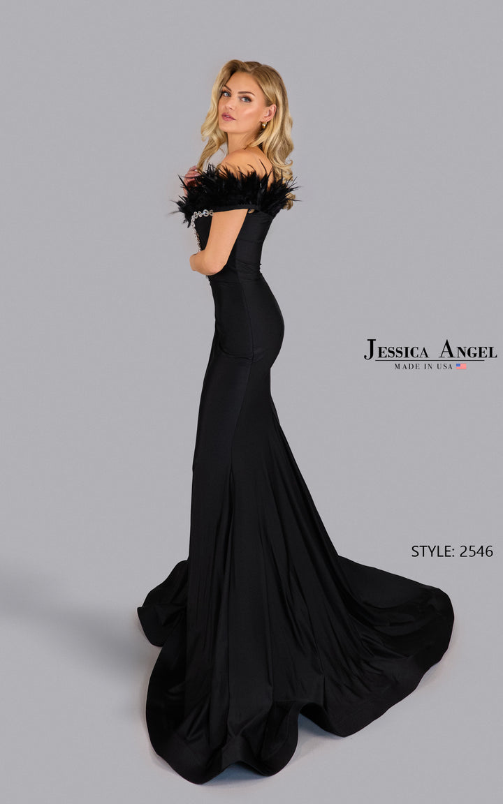 Jessica Angel 2546 off shoulder feather crystal jersey mermaid gown alternate view 2