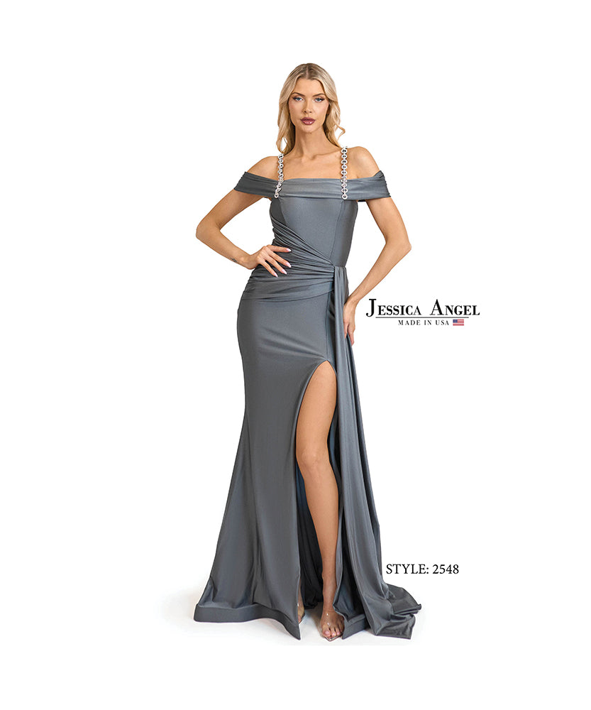 Jessica Angel 2548 off shoulder jersey gown with slit front view