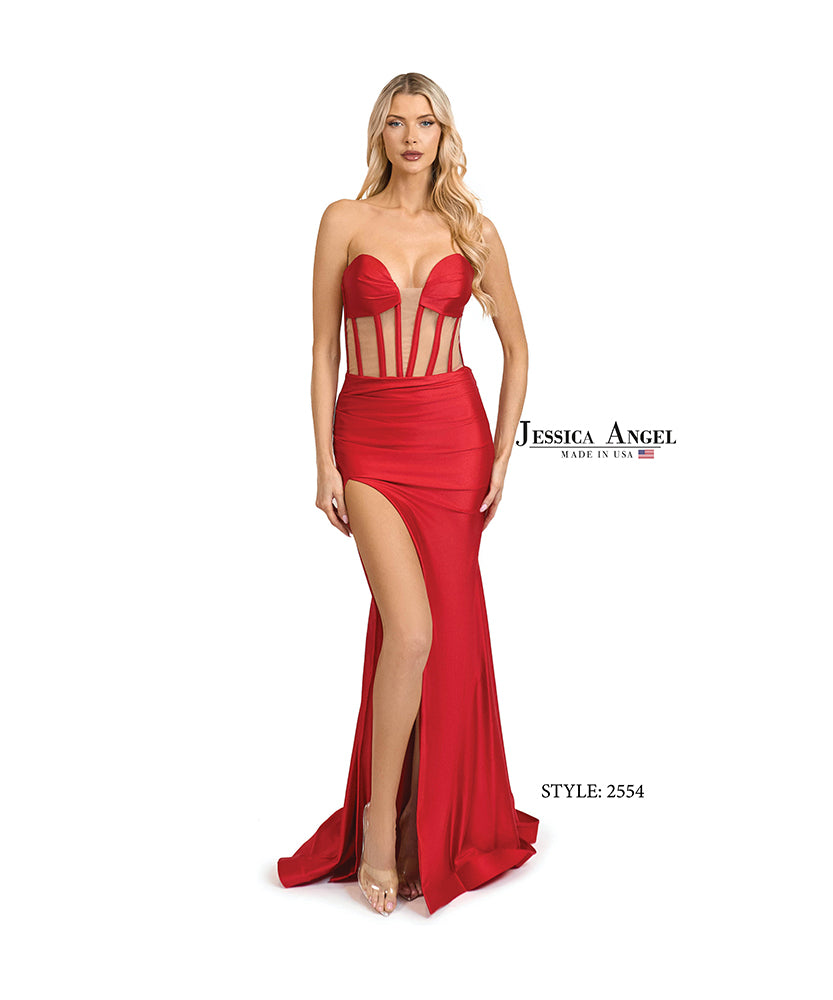 Jessica Angel 2554 strapless corset jersey gown with slit front view