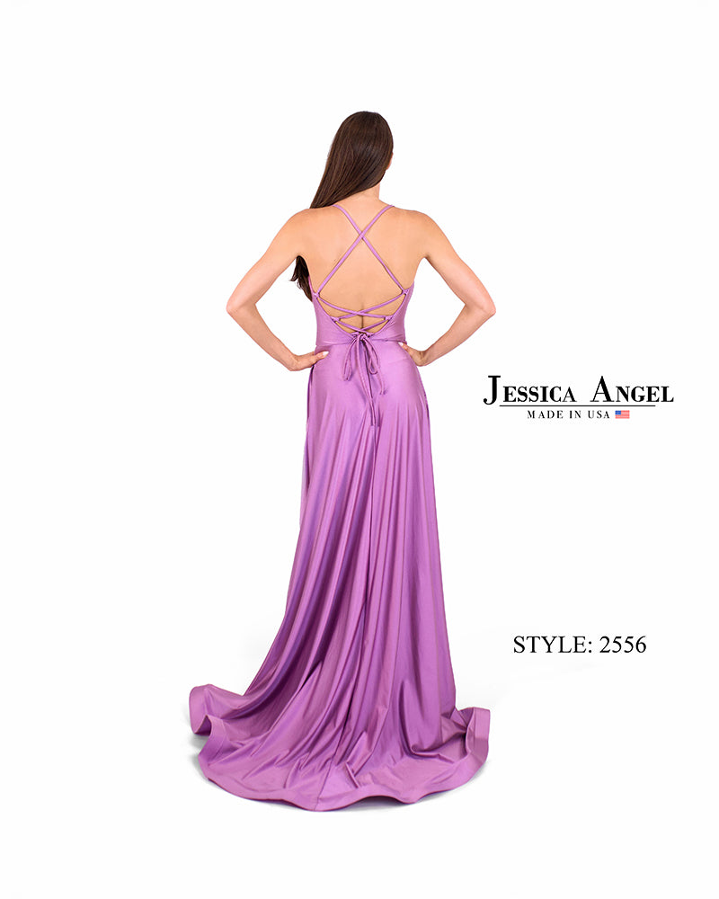 Jessica Angel 2556 V-Neck Flowing Jersey Gown with Lace-Up Back view 3