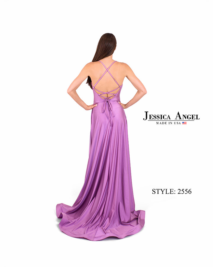 Jessica Angel 2556 V-Neck Flowing Jersey Gown with Lace-Up Back view 3