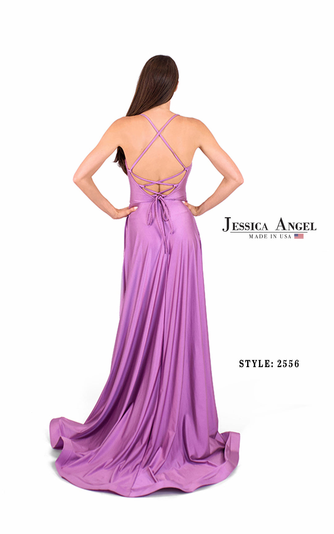 Jessica Angel 2556 v-neck flowing jersey gown with slit back view