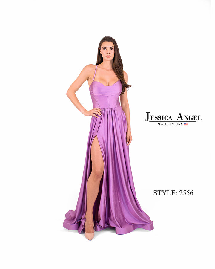 Jessica Angel 2556 V-Neck Flowing Jersey Gown with Lace-Up Back view 4