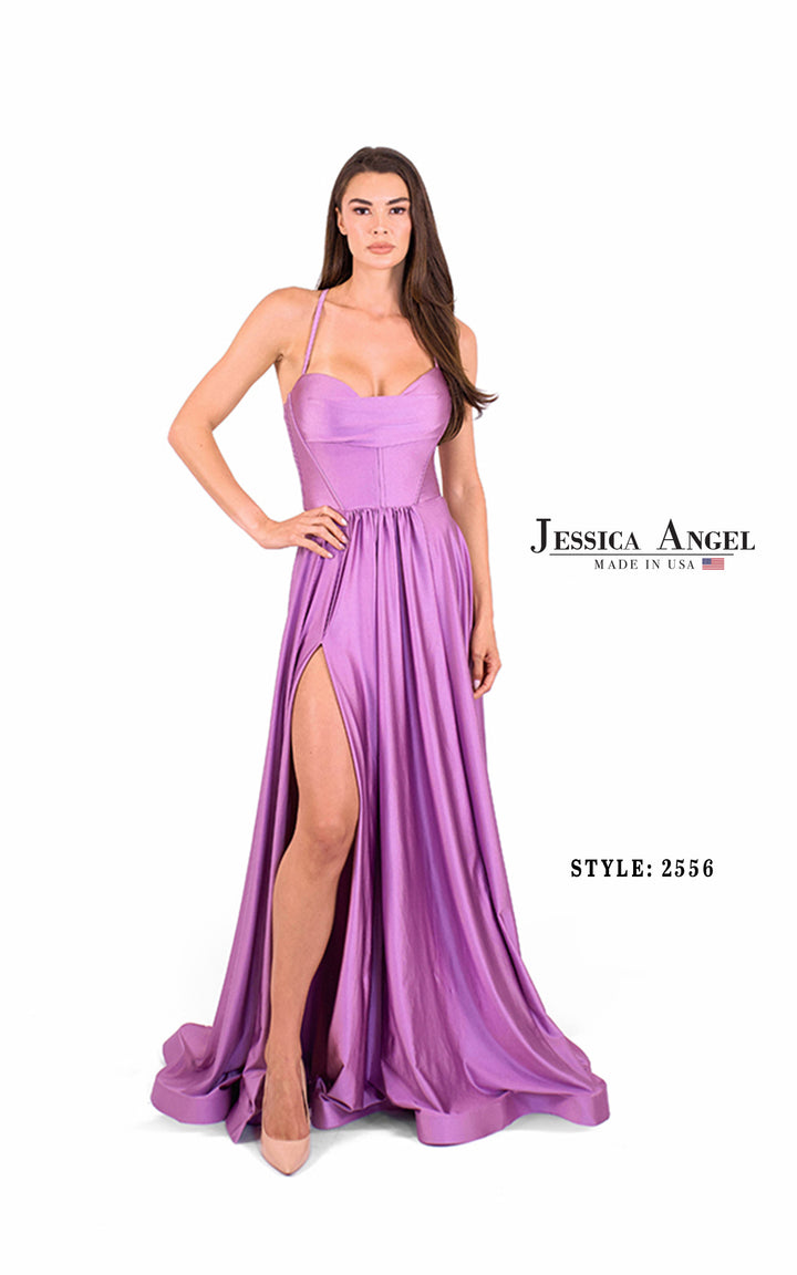 Jessica Angel 2556 v-neck flowing jersey gown with slit front view