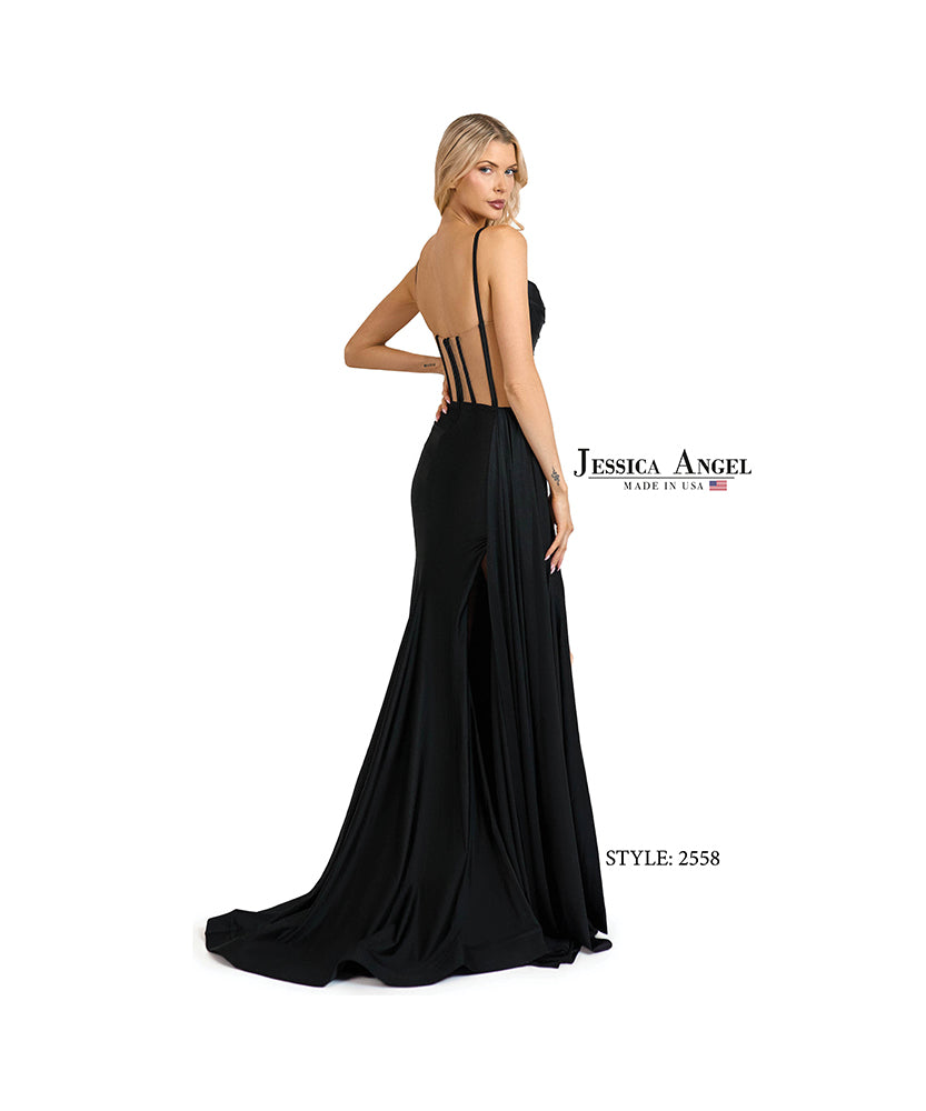 Jessica Angel 2559 corset jersey gown with slit and drape back view